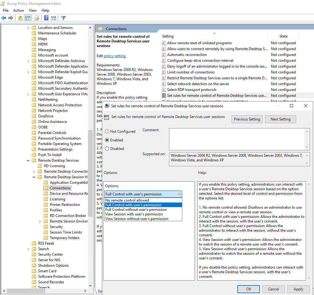 gpo rdp shadow session permissions
